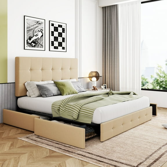 Sha Cerlin Beige Full Fabric Platform Bed Frame with 4 Storage Drawers & Adjustable Headboard, Adult