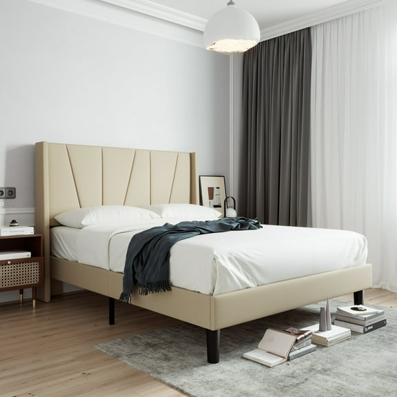 Sha Cerlin Full Bed Frame, Upholstered Platform Bed with Wingback and Geometric Headboard, Beige