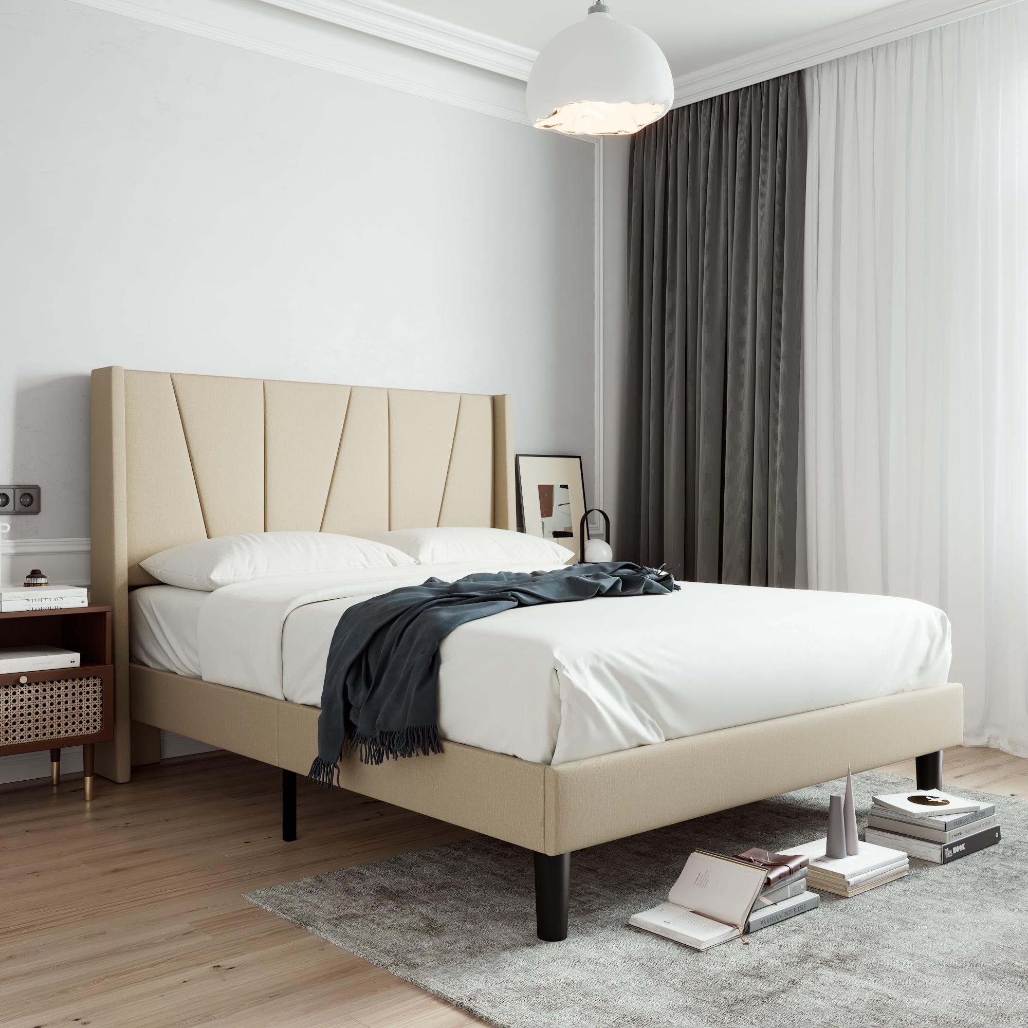Sha Cerlin Queen Bed Frame, Upholstered Platform Bed with Wingback and Geometric Headboard, Beige