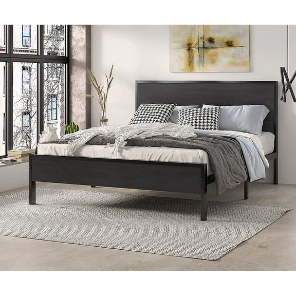 Sha Cerlin Black Full Platform Bed Frame with Wood Headboard, Adults