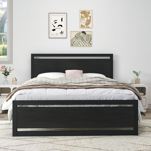 Sha Cerlin Black Full Size Heavy Duty Metal Platform Bed Frame with Wooden Headboard & Footboard, Adult