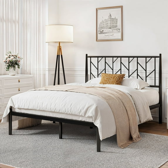 Sha Cerlin Black Full Size Metal Platform Bed Frame with Victorian Vintage Headboard & Underbed Storage, Adult