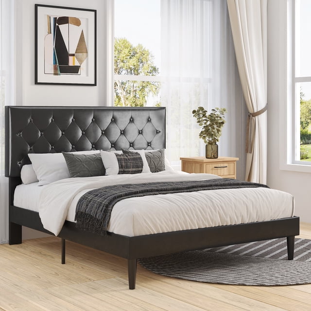 Sha Cerlin Full Size Bed Frame with Adjustable Tufted Headboard and ...