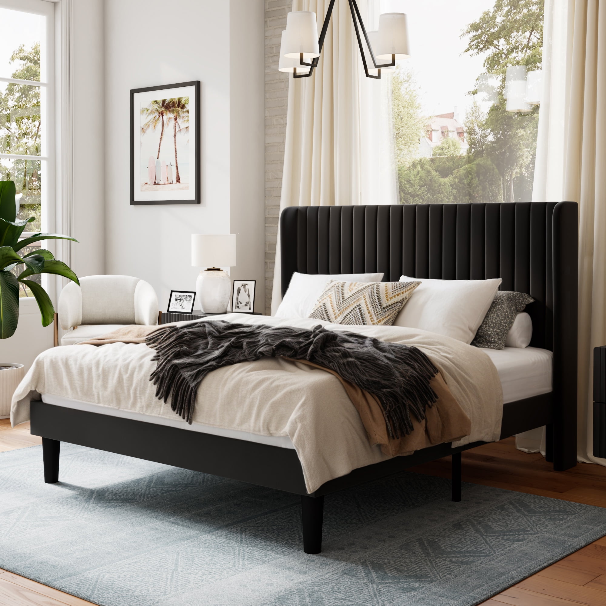 Sha Cerlin Black Full Size Upholstered Platform Bed Frame with Velvet ...
