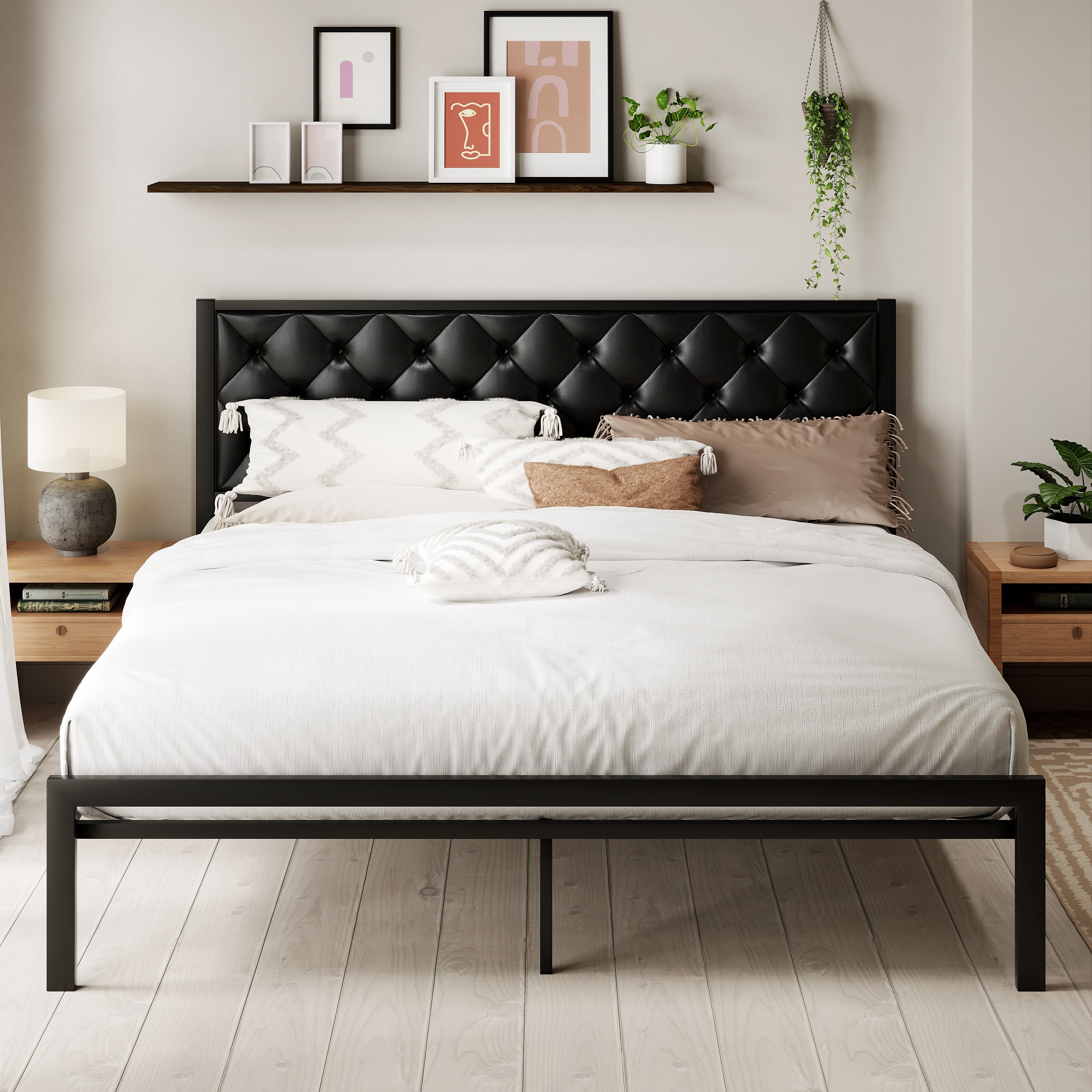 Sha Cerlin Black King Size Metal Platform Bed Frame with Leather ...