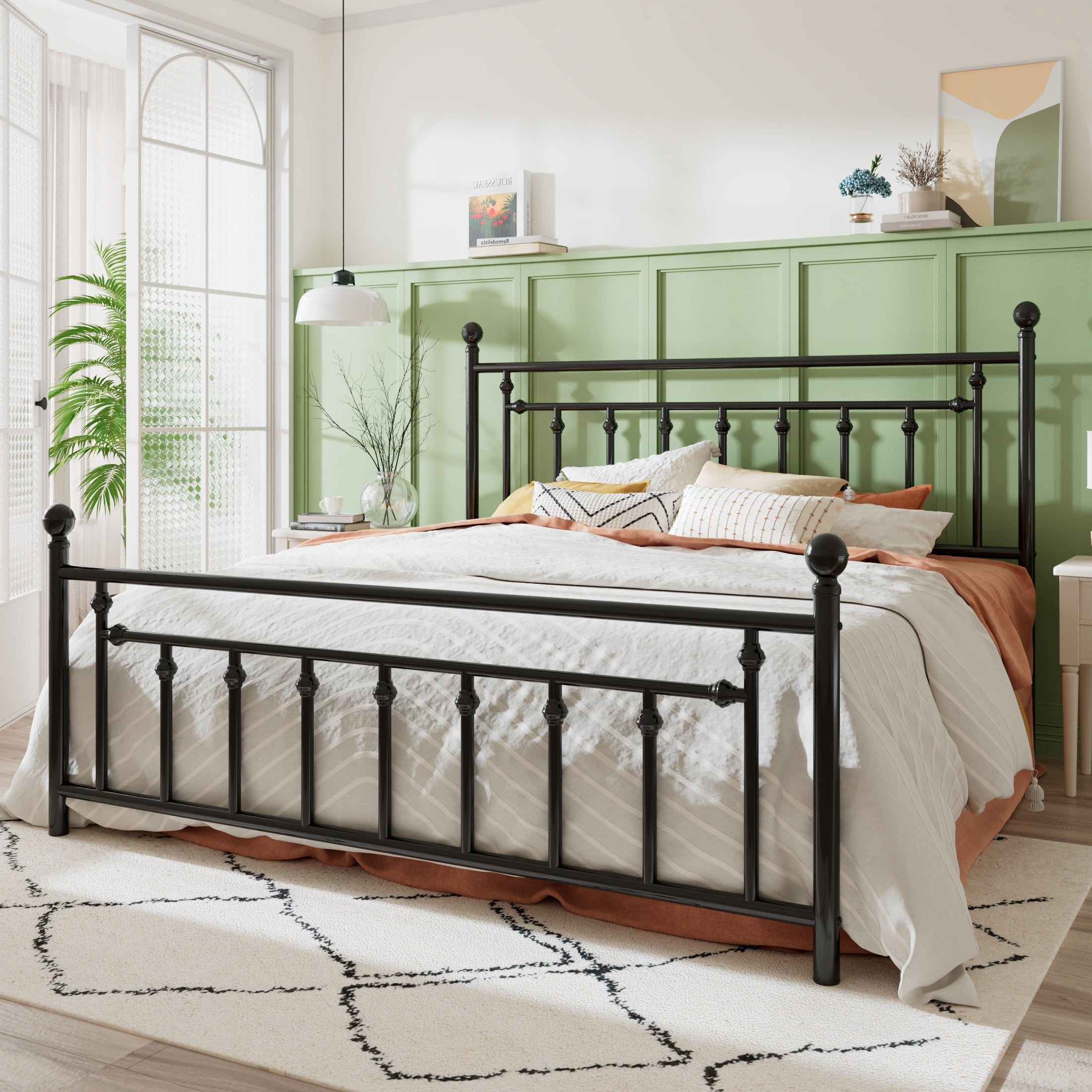 Sha Cerlin Black King Size Metal Platform Bed Frame with Victorian Vintage Headboard & Footboard