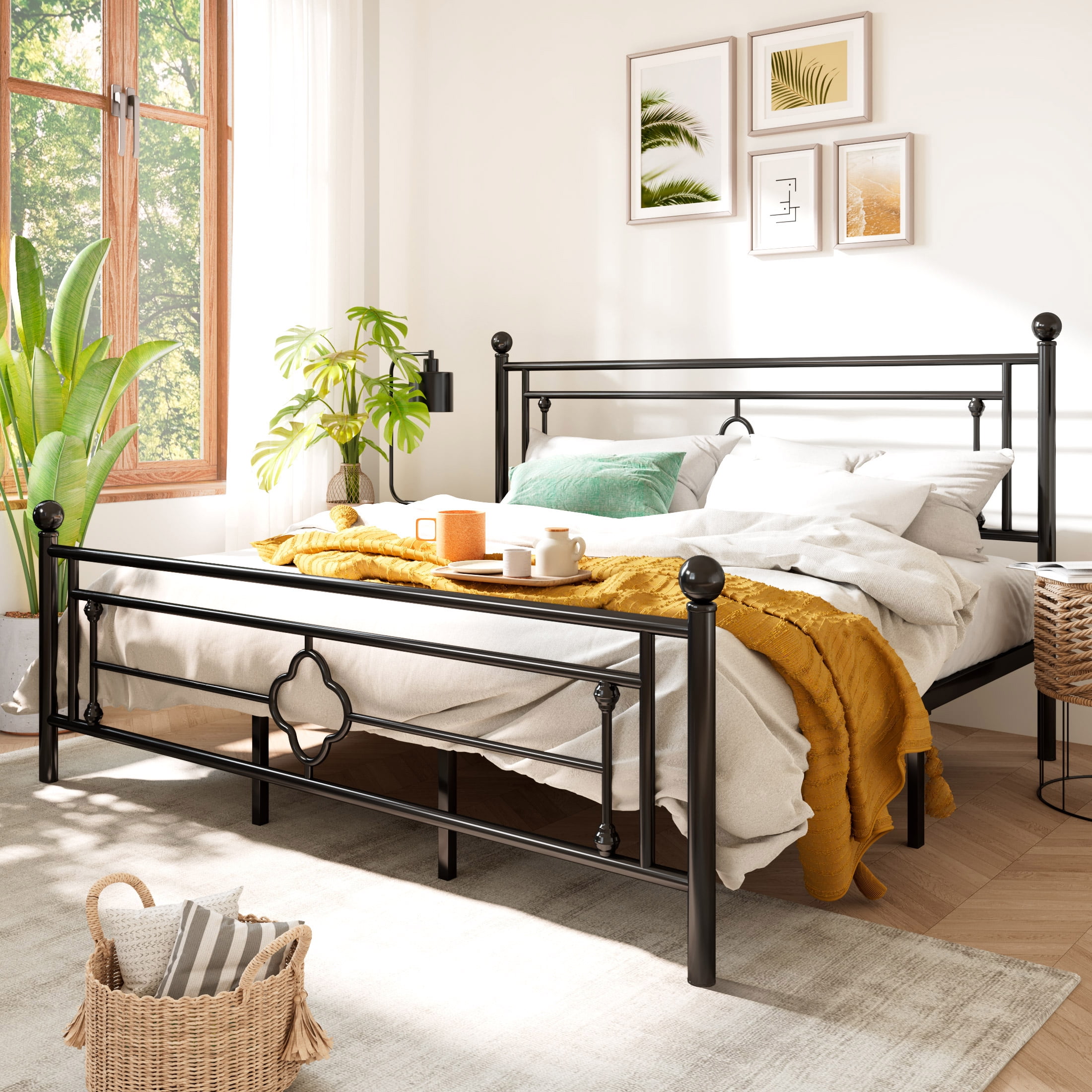 Sha Cerlin Black King Size Metal Platform Bed Frame with Victorian ...