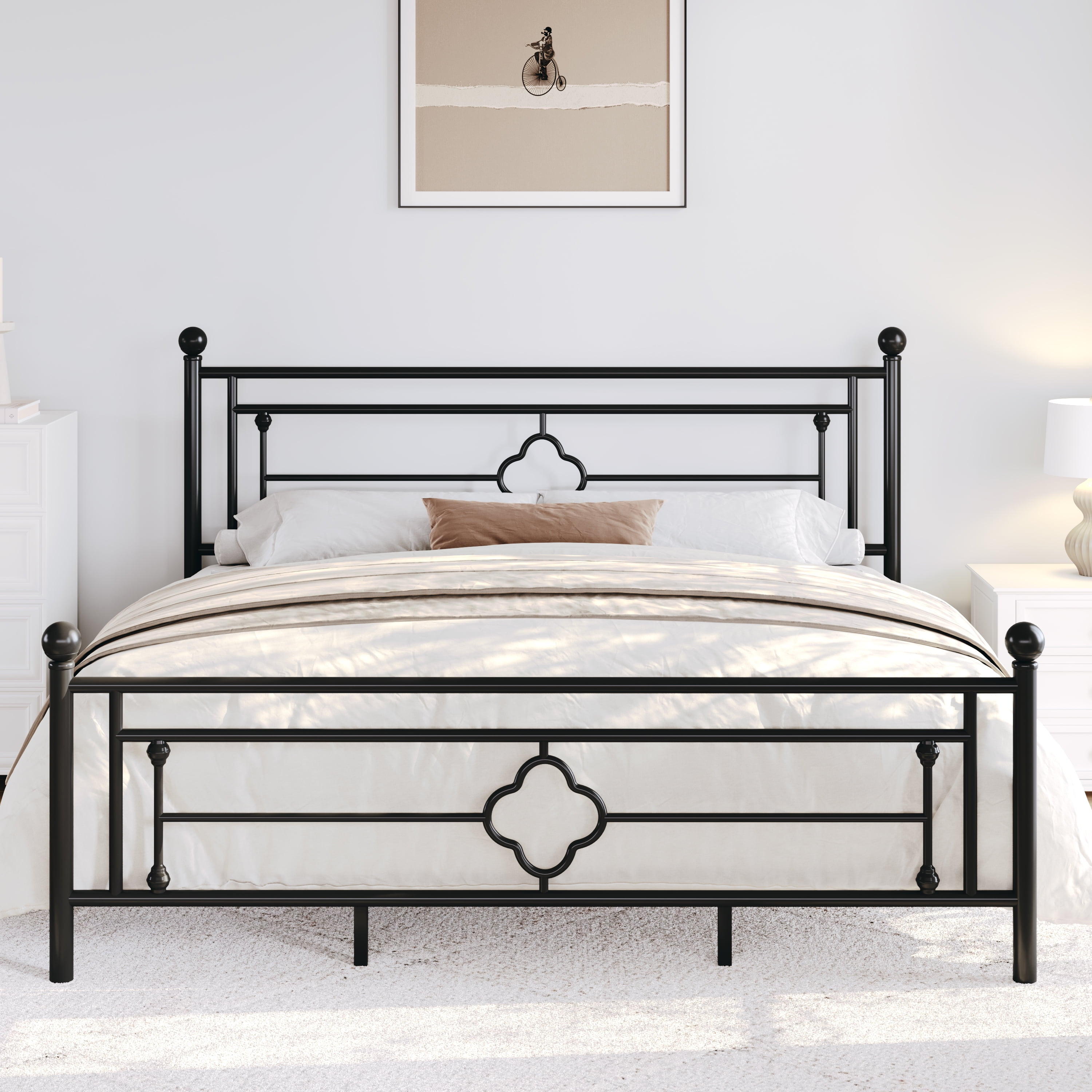 Sha Cerlin Black King Size Metal Platform Bed Frame with Victorian Vintage Headboard