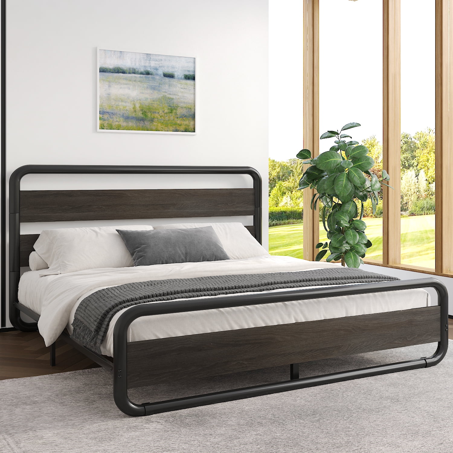 Black Oak King Size Metal Platform Bed with Storage