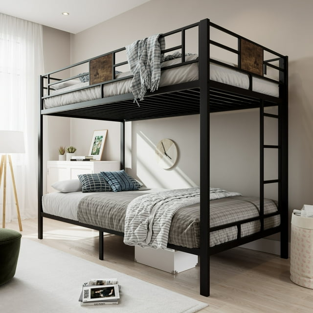 Sha Cerlin Black Metal Bunk Bed Twin over Twin with Stairs & FullLength Guardrail, Adult & Kid