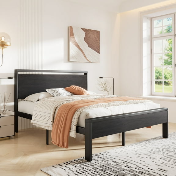 Sha Cerlin Black Oak Queen Size Metal Platform Bed Frame with Wooden Headboard & Underbed Storage, Adult