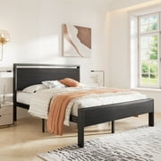 Sha Cerlin Black Oak Queen Size Metal Platform Bed Frame with Wooden Headboard & Underbed Storage, Adult