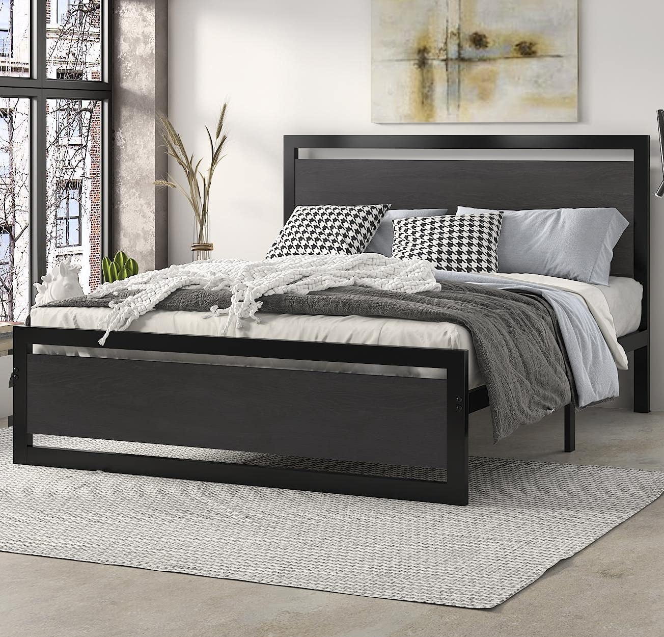 Modern Queen Size Platform Bed Frame with Wooden Headboard Heavy Duty Metal and Wood Construction Noise Free Easy Assembly Oak Black