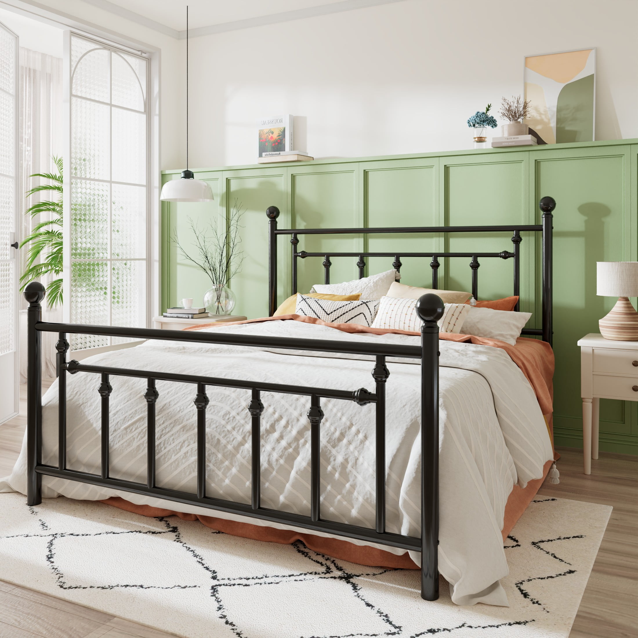 Sha Cerlin Black Queen Size Metal Platform Bed Frame with Victorian Vintage Headboard & Footboard, Adult