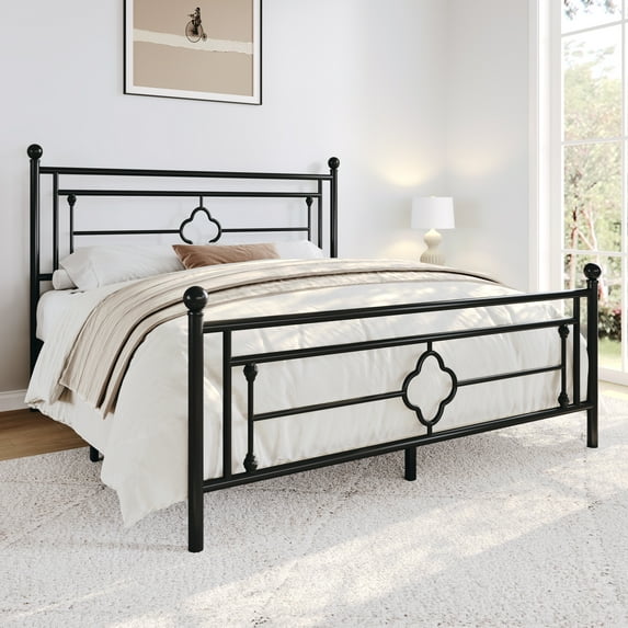 Sha Cerlin Black Queen Size Metal Platform Bed Frame with Victorian Vintage Headboard