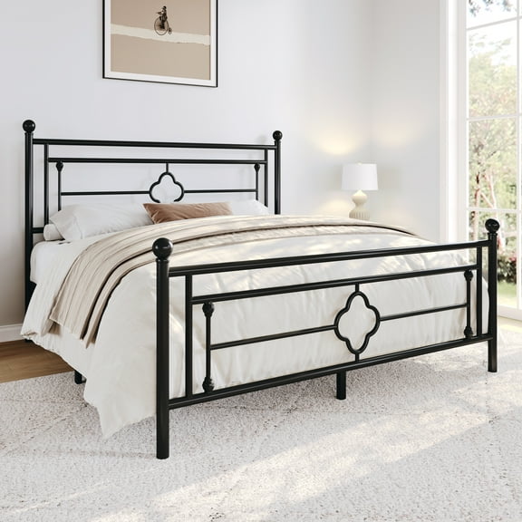 Sha Cerlin Black Queen Size Metal Platform Bed Frame with Victorian Vintage Headboard