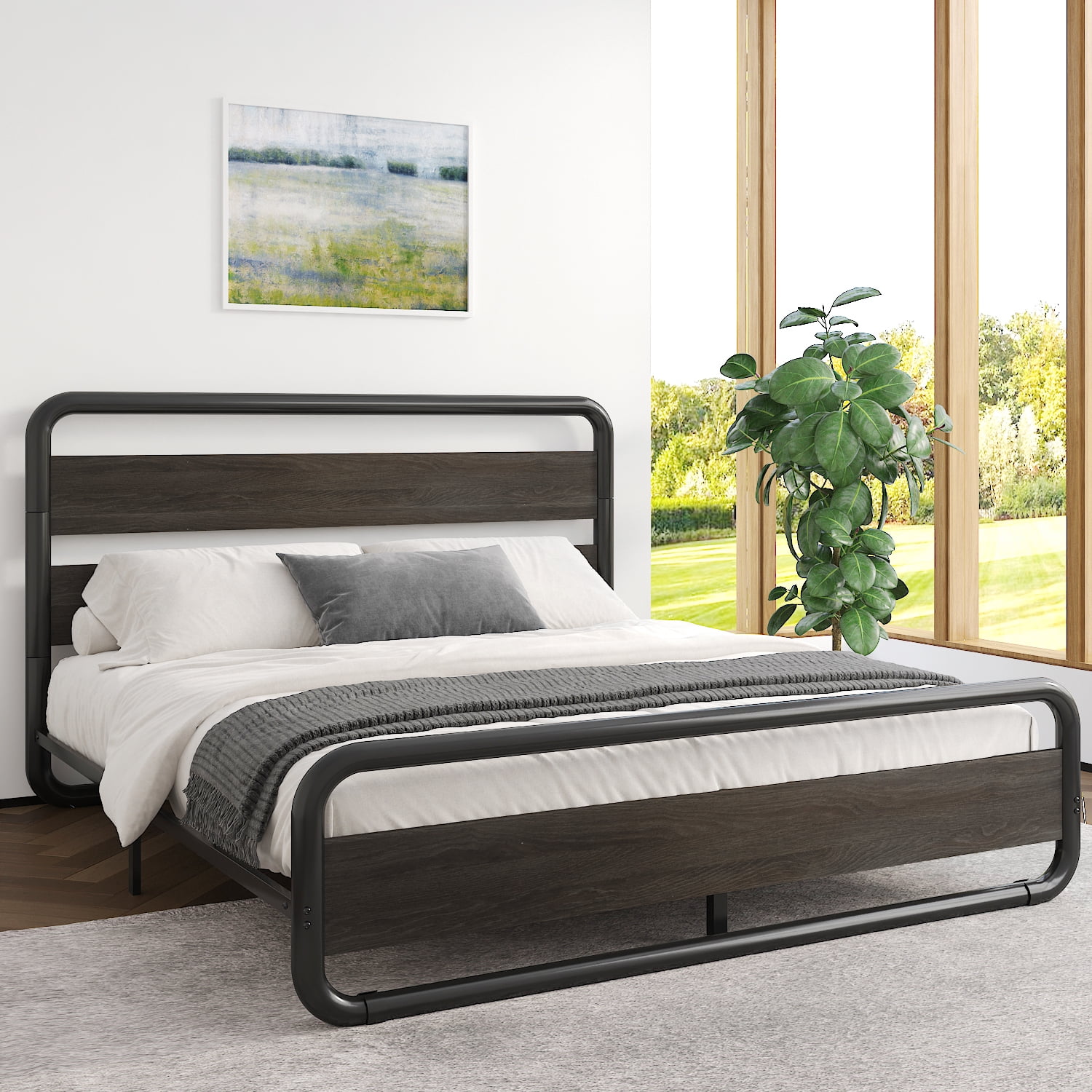 Black Queen Metal Bed Frame with Oak Wood Headboard and Storage