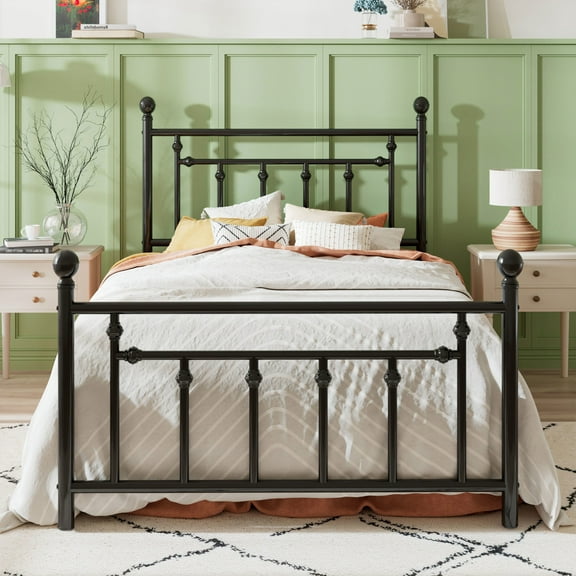 Sha Cerlin Black Twin Size Metal Platform Bed Frame with Victorian Vintage Headboard & Footboard