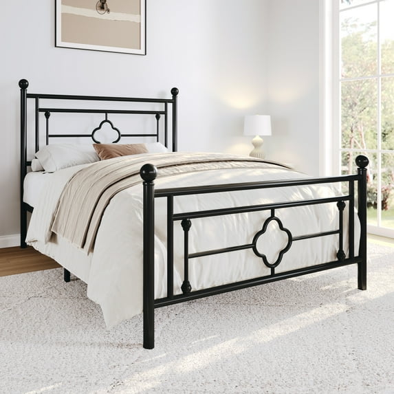 Sha Cerlin Black Twin Size Metal Platform Bed Frame with Victorian Vintage Headboard