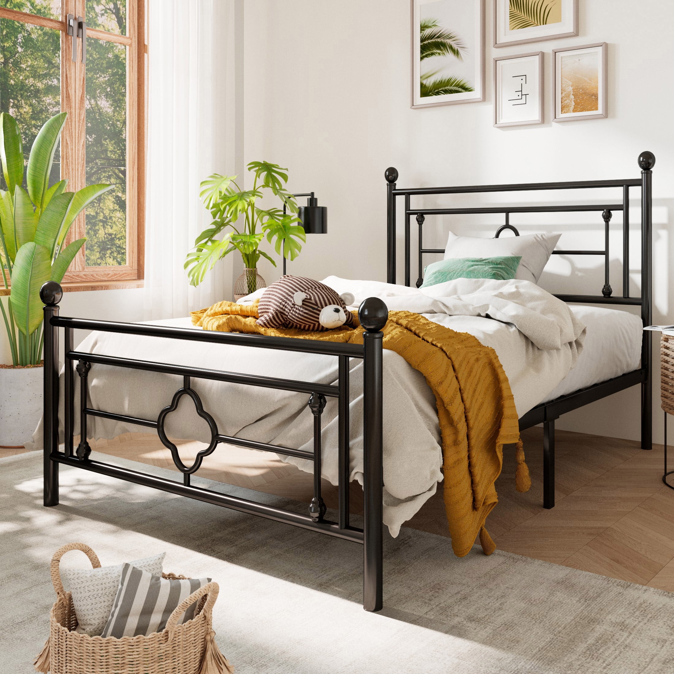 Sha Cerlin Black Twin Size Metal Platform Bed Frame with Victorian ...