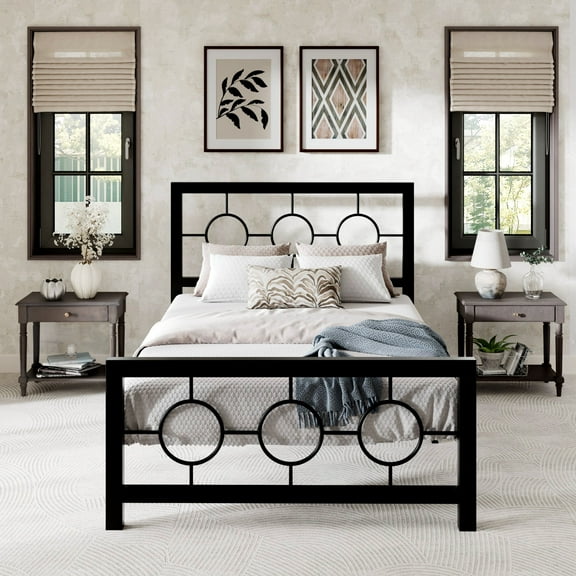 Sha Cerlin Black Twin Size Metal Platform Bed Frame with Vintage Circular Headboard & Footboard, Adult