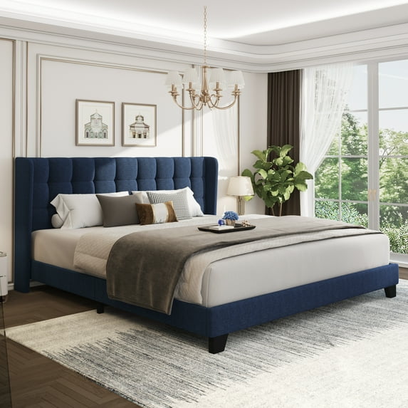 Sha Cerlin Blue King Size Platform Bed Frame with Tufted Headboard & Wingback, Adult
