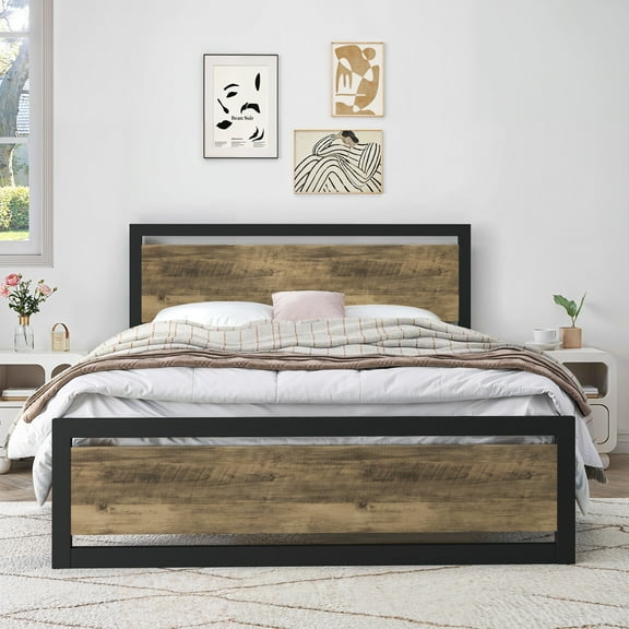 Sha Cerlin Brown Full Size Metal Platform Bed Frame with Wooden Headboard & Footboard, Adult