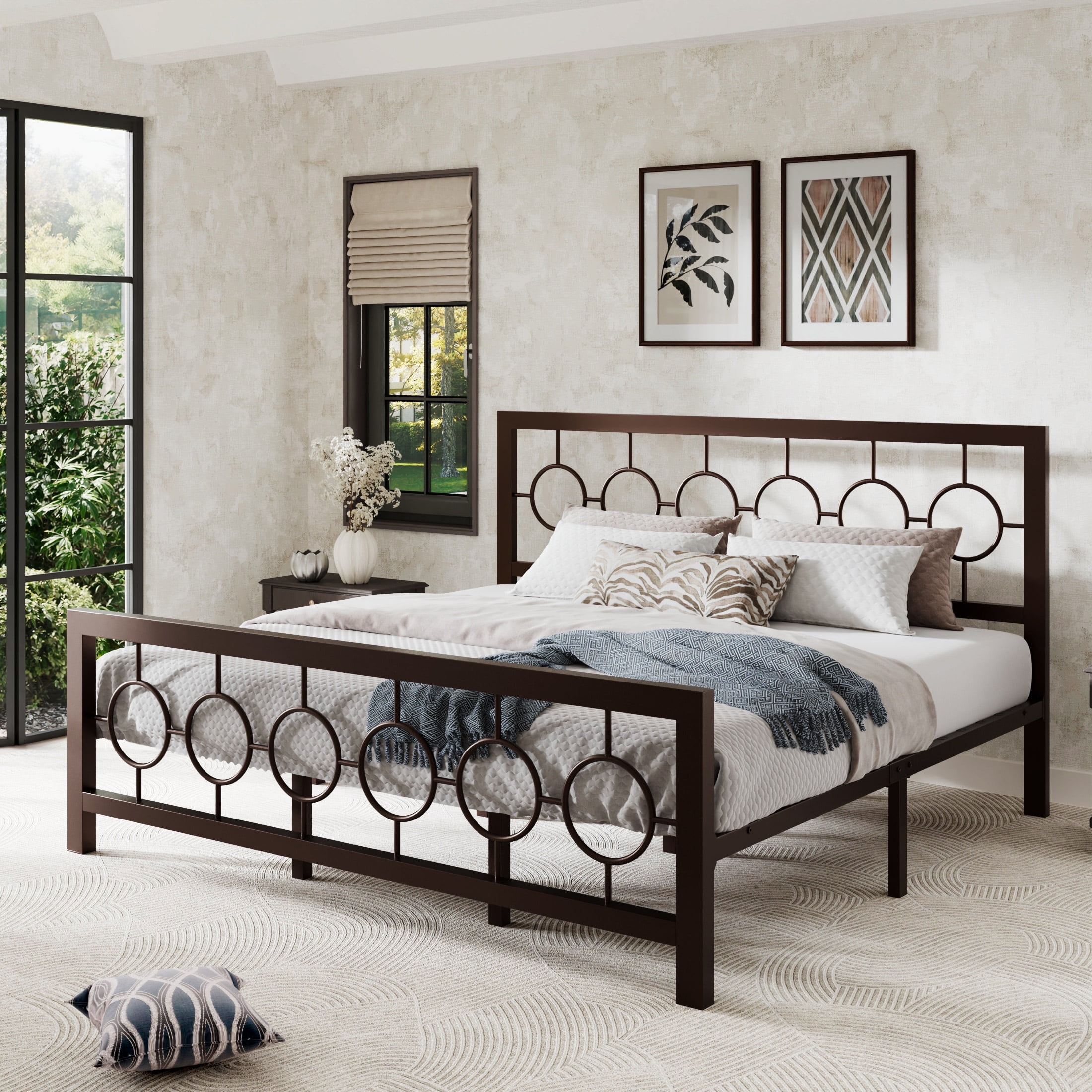 Sha Cerlin Brown King Size Metal Platform Bed Frame with Vintage Headboard & Footboard, Adult