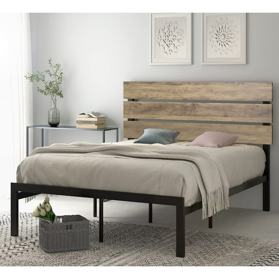 Sha Cerlin Brown Queen Metal Platform Bed with Wooden Headboard and Metal Slats, Adults