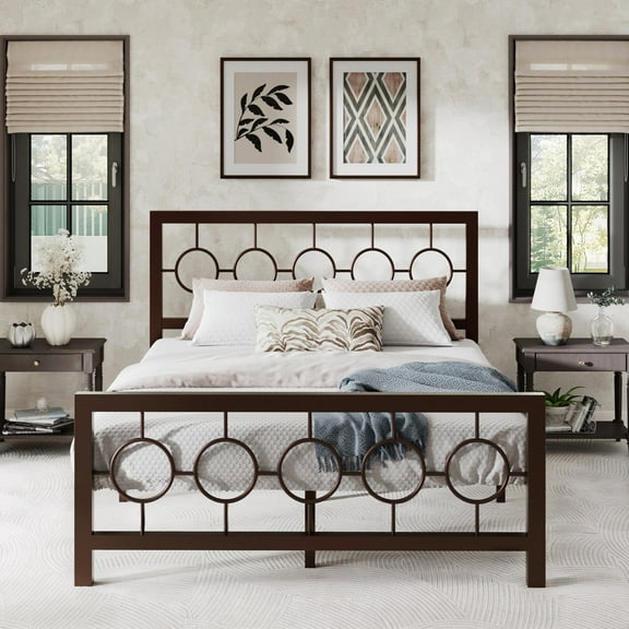 Sha Cerlin Brown Queen Size Metal Platform Bed Frame with Vintage Circular Headboard & Footboard, Adult