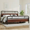 thumbnail image 1 of Sha Cerlin Dark Brown King Size Metal Platform Bed Frame with Industrial Heavy Duty Wooden Headboard, 1 of 8