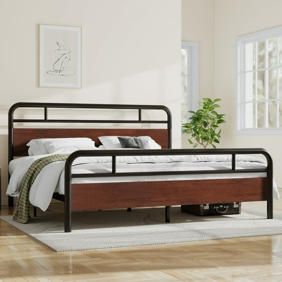 Sha Cerlin Dark Brown King Size Metal Platform Bed Frame with Industrial Heavy Duty Wooden Headboard