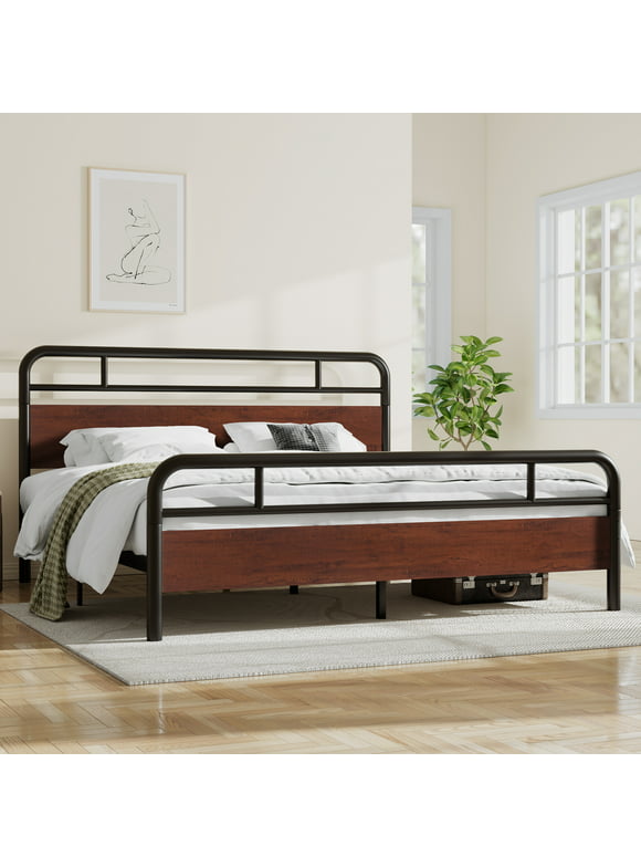 Sha Cerlin Dark Brown King Size Metal Platform Bed Frame with Industrial Heavy Duty Wooden Headboard