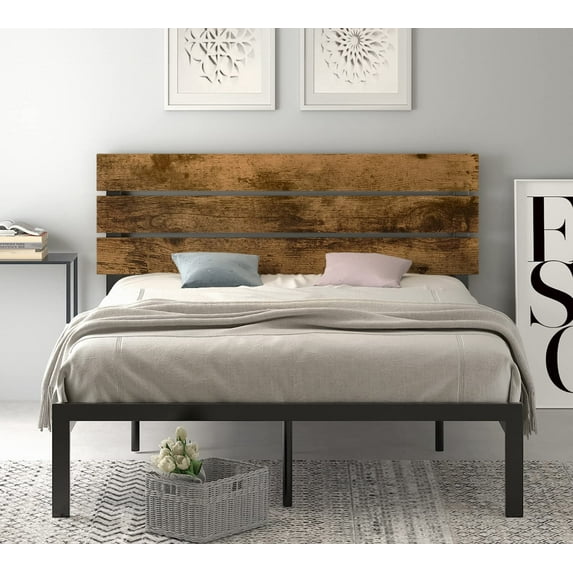 Sha Cerlin Dark Brown Queen Size Metal Platform Bed Frame with Wooden Headboard & Underbed Storage, Adult