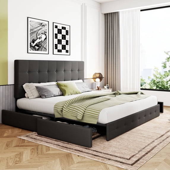 Sha Cerlin Dark Grey King Fabric Platform Bed Frame with 4 Storage Drawers & Adjustable Headboard, Adult