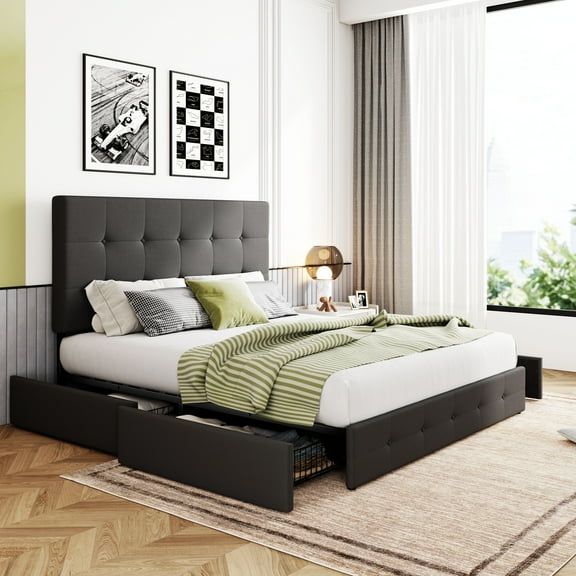 Sha Cerlin Dark Grey Queen Fabric Platform Bed Frame with 4 Storage Drawers & Adjustable Headboard, Adult