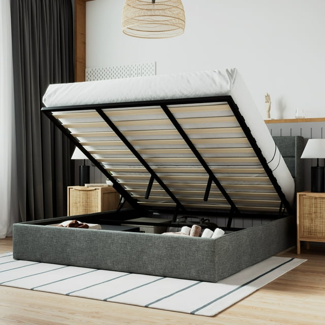 Sha Cerlin Dark Grey King Size Lift Up Platform Bed Frame with Channel