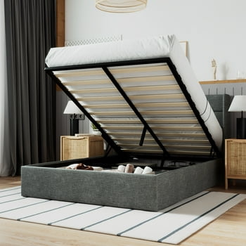 Sha Cerlin Dark Grey Queen Size Lift Up Platform Bed Frame with Channel Headboard, Wingback & Storage, Adult