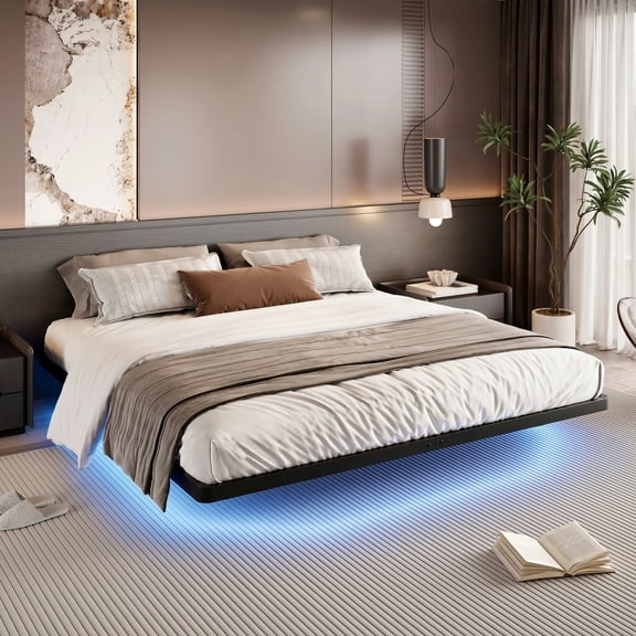 Sha Cerlin Floating Bed Frame King Size with Smart LED Lights and Charging Station, Heavy Duty Metal Platform Bed with Modern Design, No Box Spring Needed, Easy Assembly, Matte Black