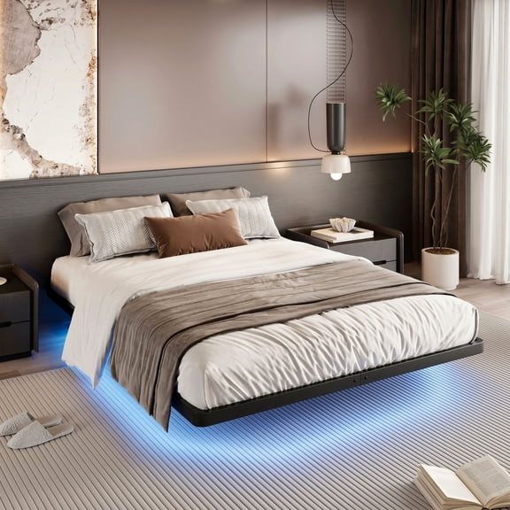 Sha Cerlin Floating Bed Frame Queen Size with Smart LED Lights and Charging Station, Heavy Duty Metal Platform Bed with Modern Design, No Box Spring Needed, Easy Assembly, Matte Black