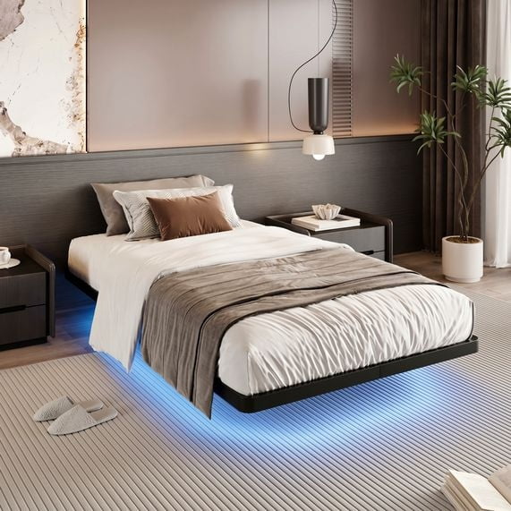 Sha Cerlin Floating Bed Frame Twin Size with Smart LED Lights and Charging Station, Heavy Duty Metal Platform Bed with Modern Design, No Box Spring Needed, Easy Assembly, Matte Black