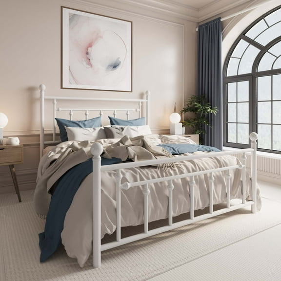 Sha Cerlin Full Bed Frame, Metal Platform Bed Frame with Vintage Headboard, White