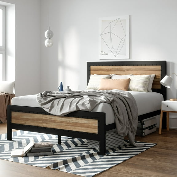 Sha Cerlin Full Heavy Duty Metal Platform Bed Frame with Rivet Wood Headboard, Light Brown