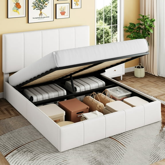 Sha Cerlin Full Size Lift Up Storage Bed Frame, Adjustable Headboard, Hydraulic Support, Velvet Upholstered, Easy Installation, No Box Spring Needed, White