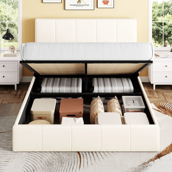 Sha Cerlin Full Size Lift Up Storage Bed Frame, Adjustable Headboard, Hydraulic Support, Velvet Upholstered, Easy Installation, No Box Spring Needed, Cream White
