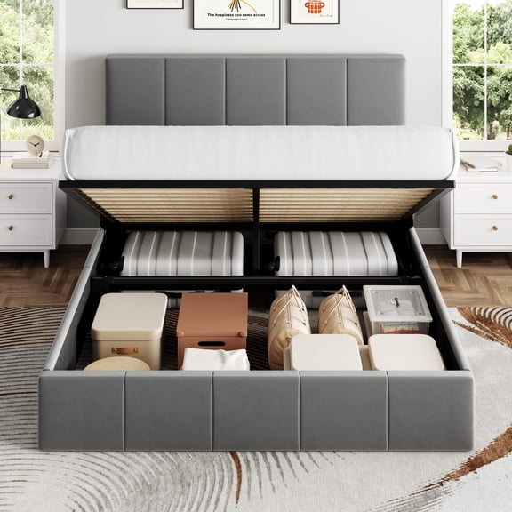 Sha Cerlin Full Size Lift Up Storage Bed Frame, Adjustable Headboard, Hydraulic Support, Velvet Upholstered, Easy Installation, No Box Spring Needed, Gray