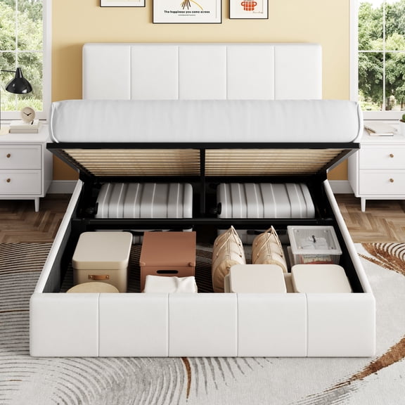 Sha Cerlin Full Size Lift Up Storage Bed Frame, Adjustable Headboard, Hydraulic Support, Velvet Upholstered, Easy Installation, No Box Spring Needed, White