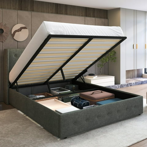 Sha Cerlin Full Size Lift up Hydraulic Large Storage Platform Bed Frame with Fabric Upholstered Button Tufted Wingback Headboard, Dark Gray