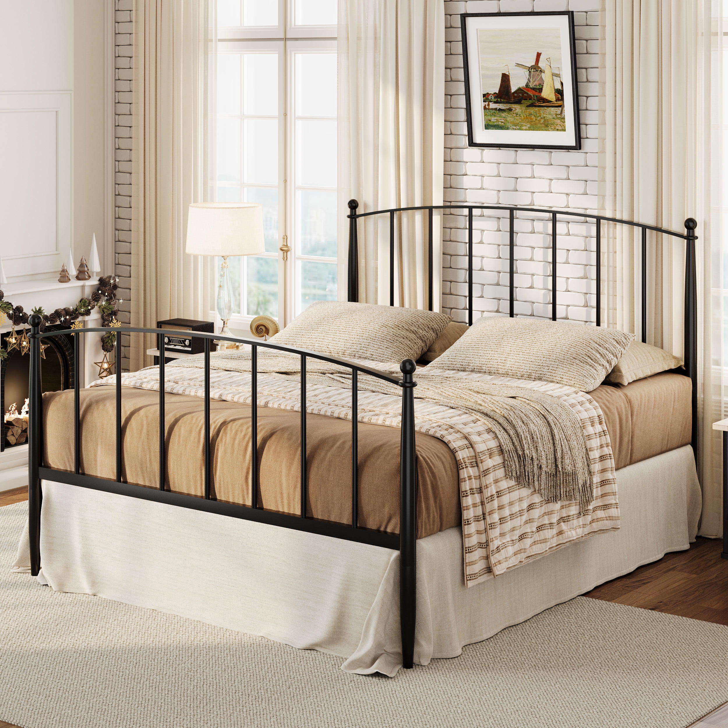 Sha Cerlin Full Size Metal Platform Bed Frame with Victorian Style Iron-Art Headboard and Footboard, Black
