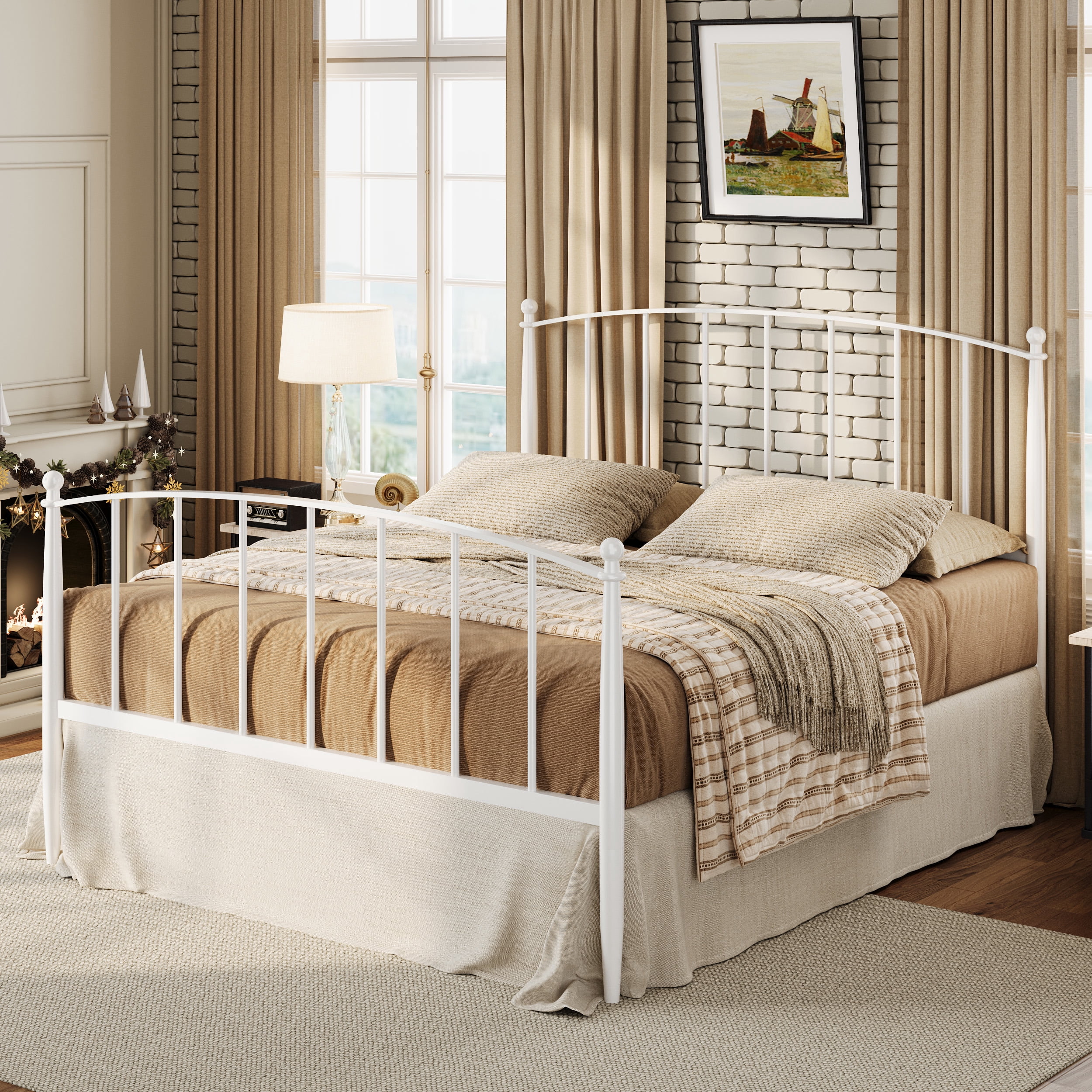 Sha Cerlin Full Size Metal Platform Bed Frame with Victorian Style Iron-Art Headboard and Footboard, White